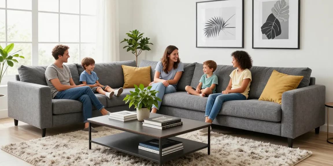 Möbel online bestellen in einem modernen Wohnzimmer mit einer Familie, die ihr stilvolles Sofa und Dekor genießt.