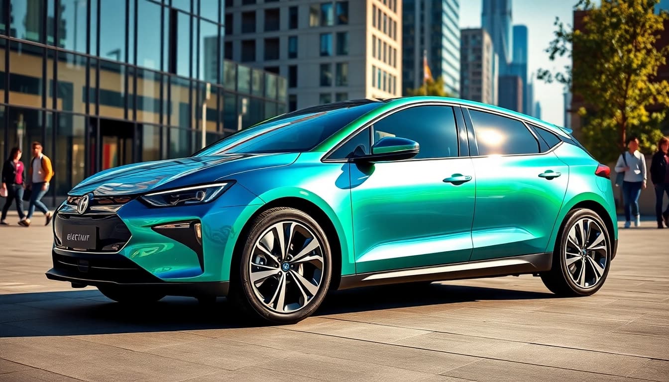 Elektroautos auf der Straße mit urbanem Hintergrund, der moderne Lebensstil und Umweltbewusstsein zeigt.