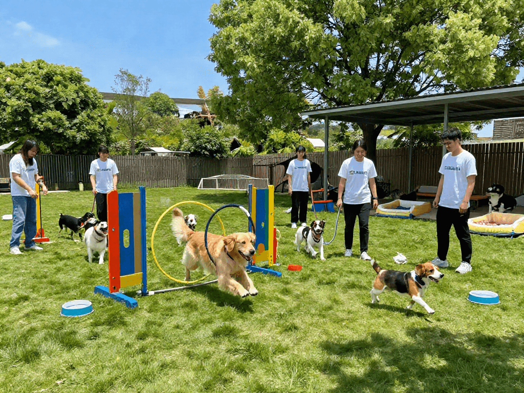 Excited dogs playing at daycare while deposit 10k helps enhance pet care services.