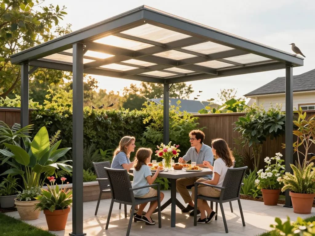 Elegante Terrassenüberdachung, die das Outdoor-Dining-Erlebnis der Familie in einem sonnigen Garten verbessert.