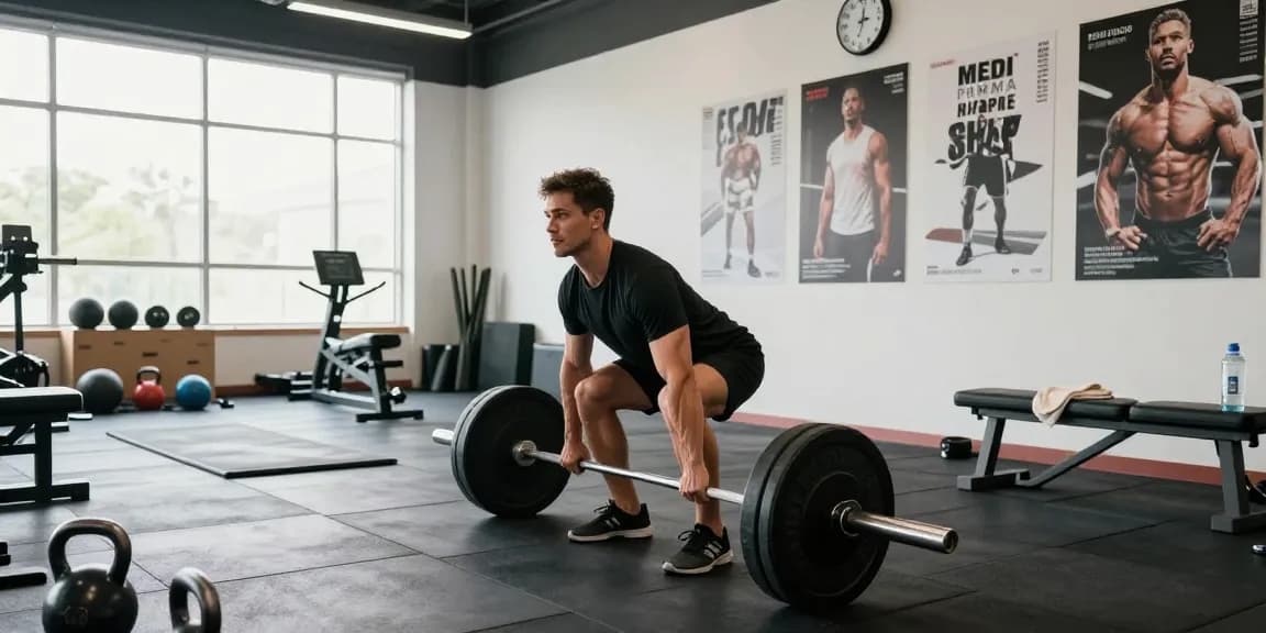 Gewichtheber in Aktion im Fitnessstudio von Medi Pharma Shop, der Engagement für Fitness zeigt.