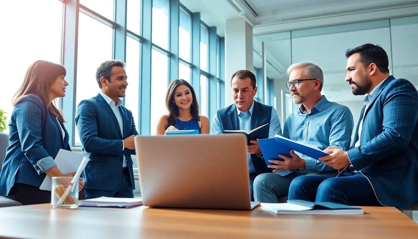 Headhunter Ingenieure in einem modernen Büro diskutieren über Rekrutierungsstrategien.