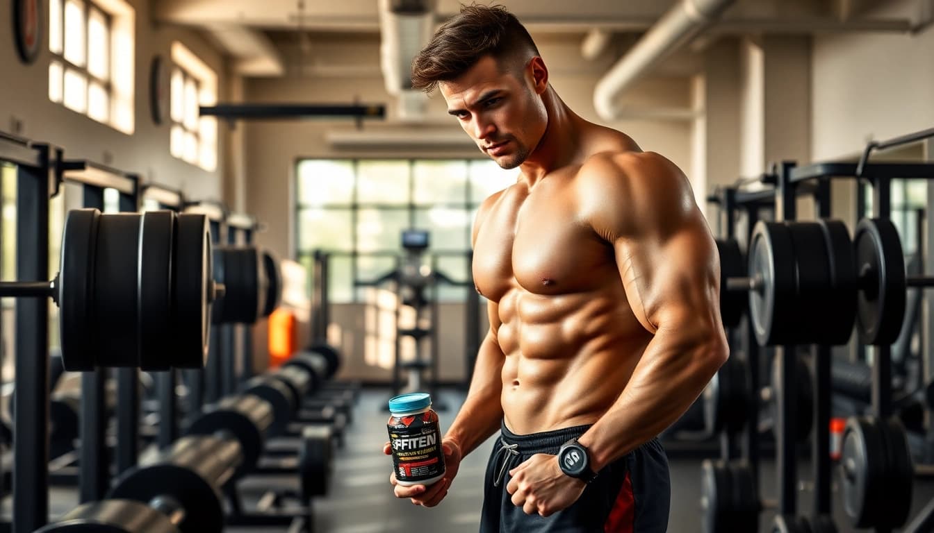 Proviron kaufen: Bodybuilder exercising and showcasing fitness supplements in a gym.