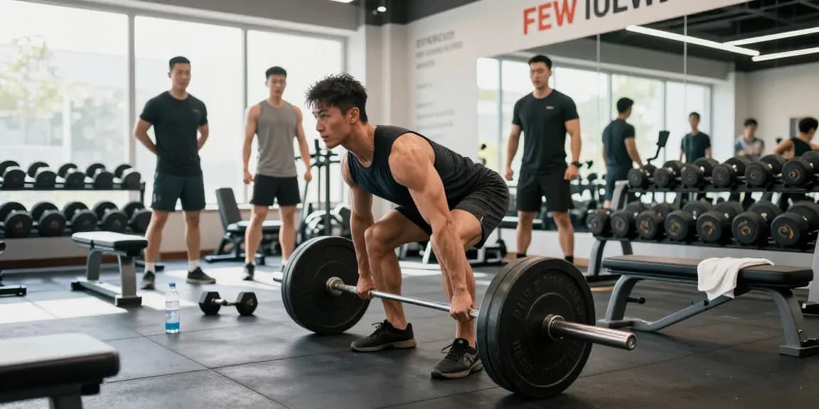 Bodybuilder in Anabolika Shop performing deadlift with weights in a vibrant gym.