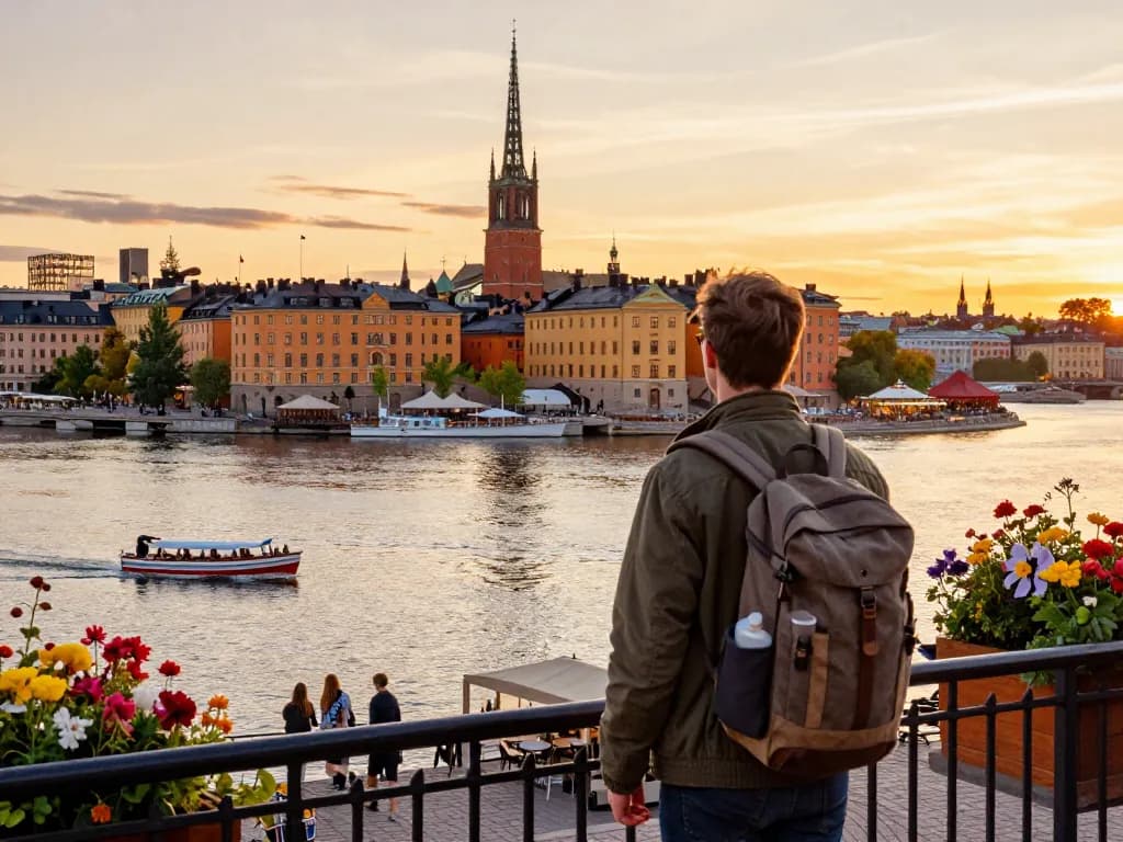 Wunderschöne Sonnenuntergangsansichten über Gamla Stan in Stockholm, die Reisetipps zur Erkundung der Stadt präsentieren.