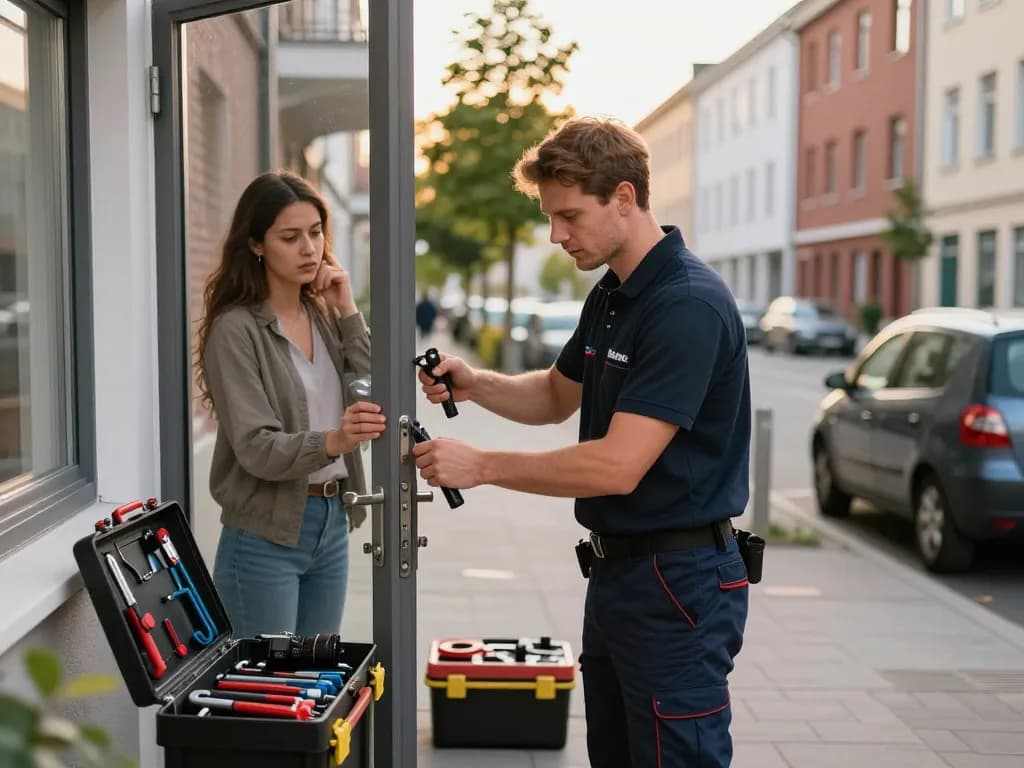 Schlüsseldienst Karlsruhe öffnet geschickt eine Tür mit professionellen Werkzeugen in einem städtischen Umfeld.