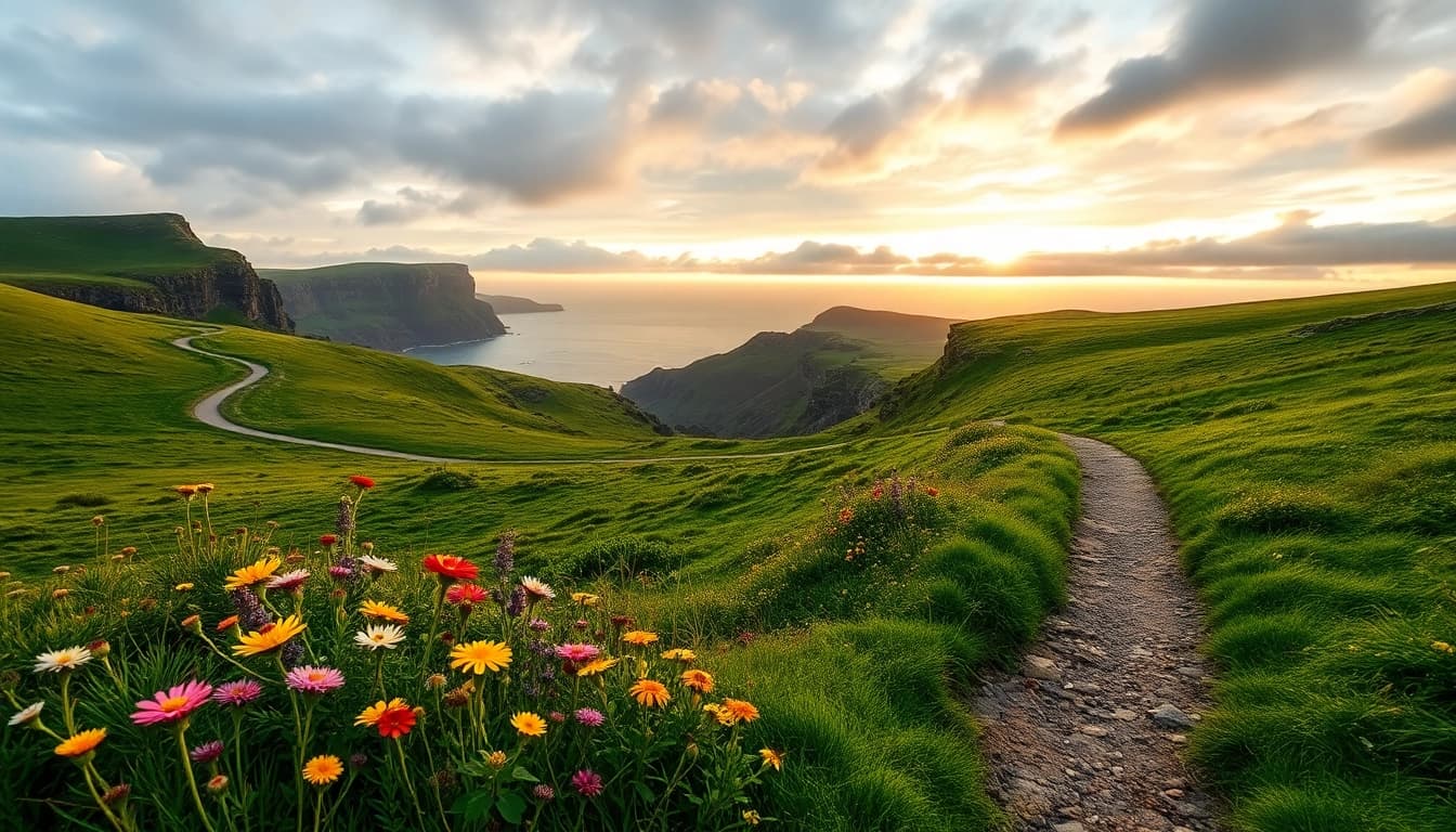 Dingle Way Fernwanderweg vor einer atemberaubenden Küstenlandschaft mit Wildblumen
