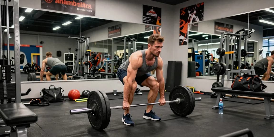 Muscular bodybuilder training at gym, showcasing dedication and equipment in Anabolika Shop Deutschland.