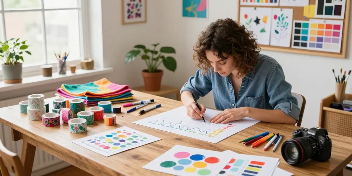 Custom washi tape design process showcasing vibrant colors and creativity in an artist's craft room.