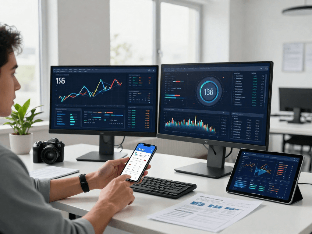 User engaging with the Debet app's financial features in a modern workspace.