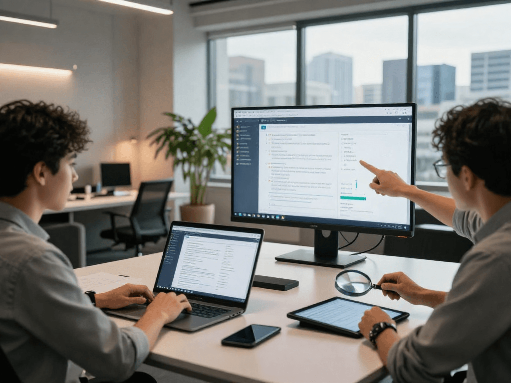 Innovative document fraud detection process with analysts reviewing digital verification results in a modern workspace.
