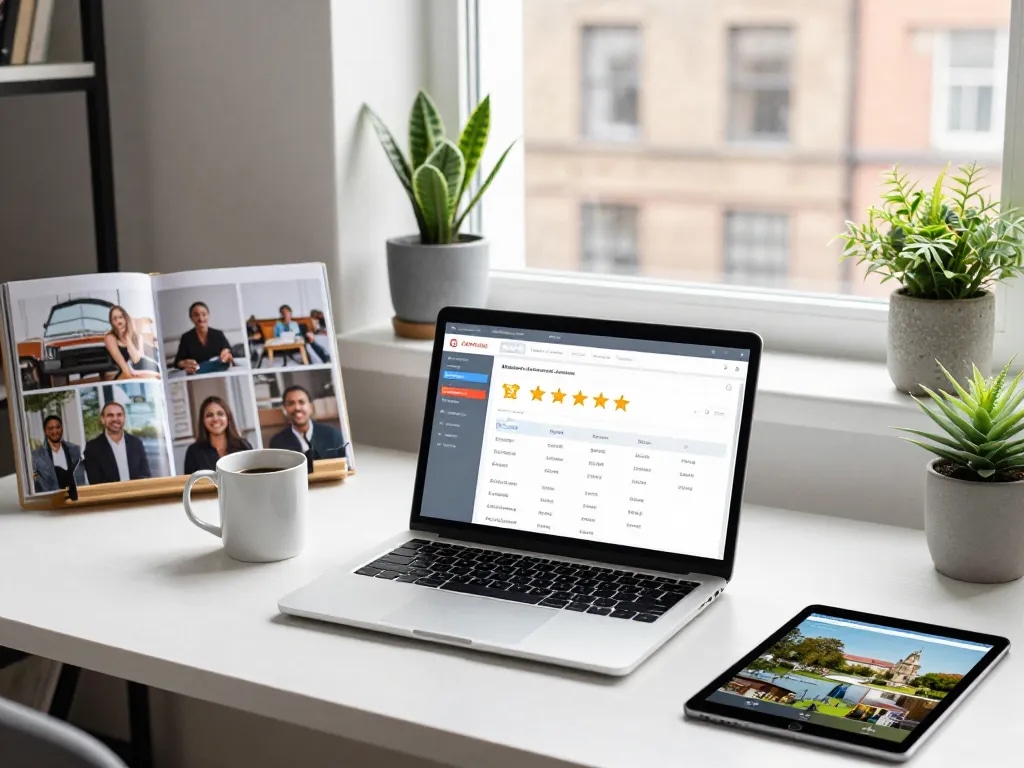 Effective Airbnb management in Manchester with a host reviewing a dashboard in a stylish workspace, highlighting guest interactions and local attractions.