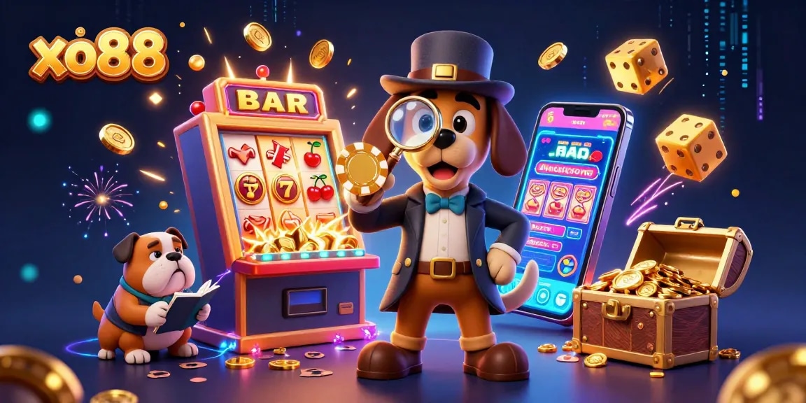 Spin and win at xo88 with a detective and bulldog exploring a treasure-filled casino!