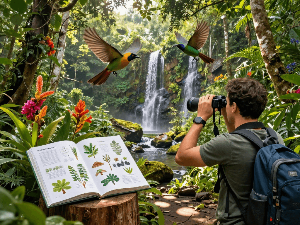 rokok88 login experience in Indonesia's lush rainforest, highlighting rich biodiversity with birdwatching and vibrant flora.