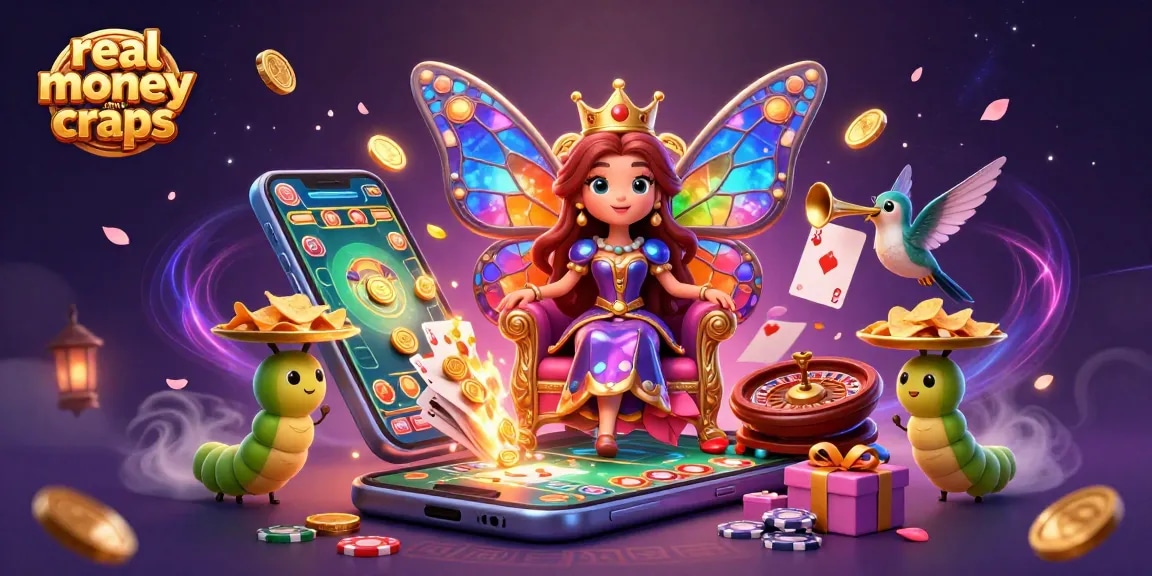 Experience real money online craps with vibrant 3D visuals featuring a butterfly queen and casino elements.