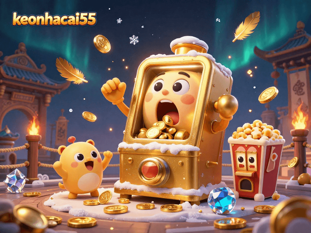Watch keonhacai55's golden slot machine hit a jackpot amidst cheering baby slots and popcorn mayhem!