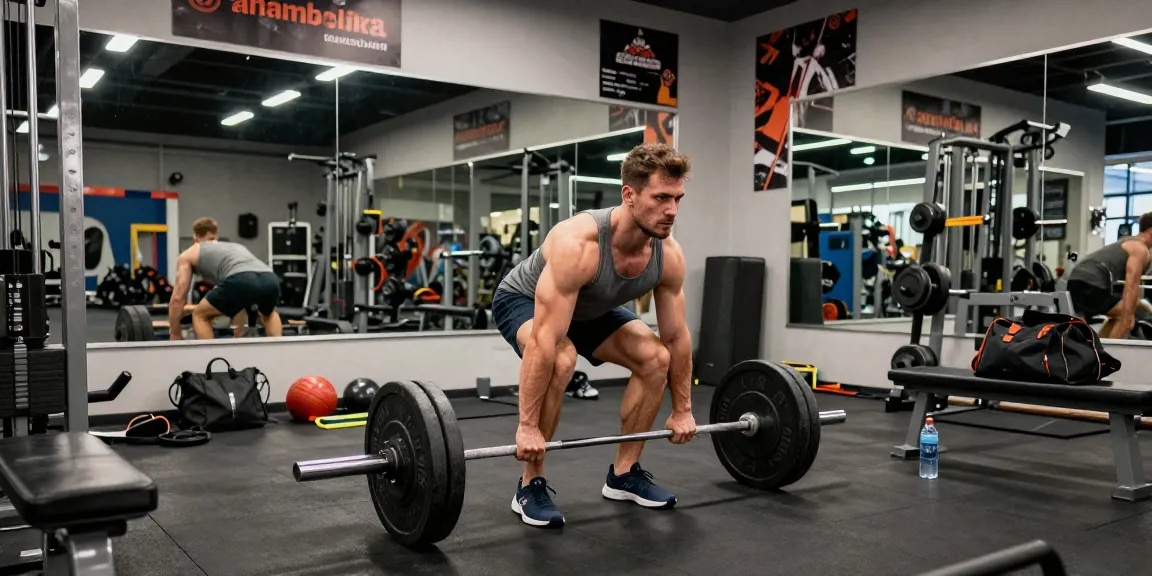 Muscular bodybuilder training at gym, showcasing dedication and equipment in Anabolika Shop Deutschland.