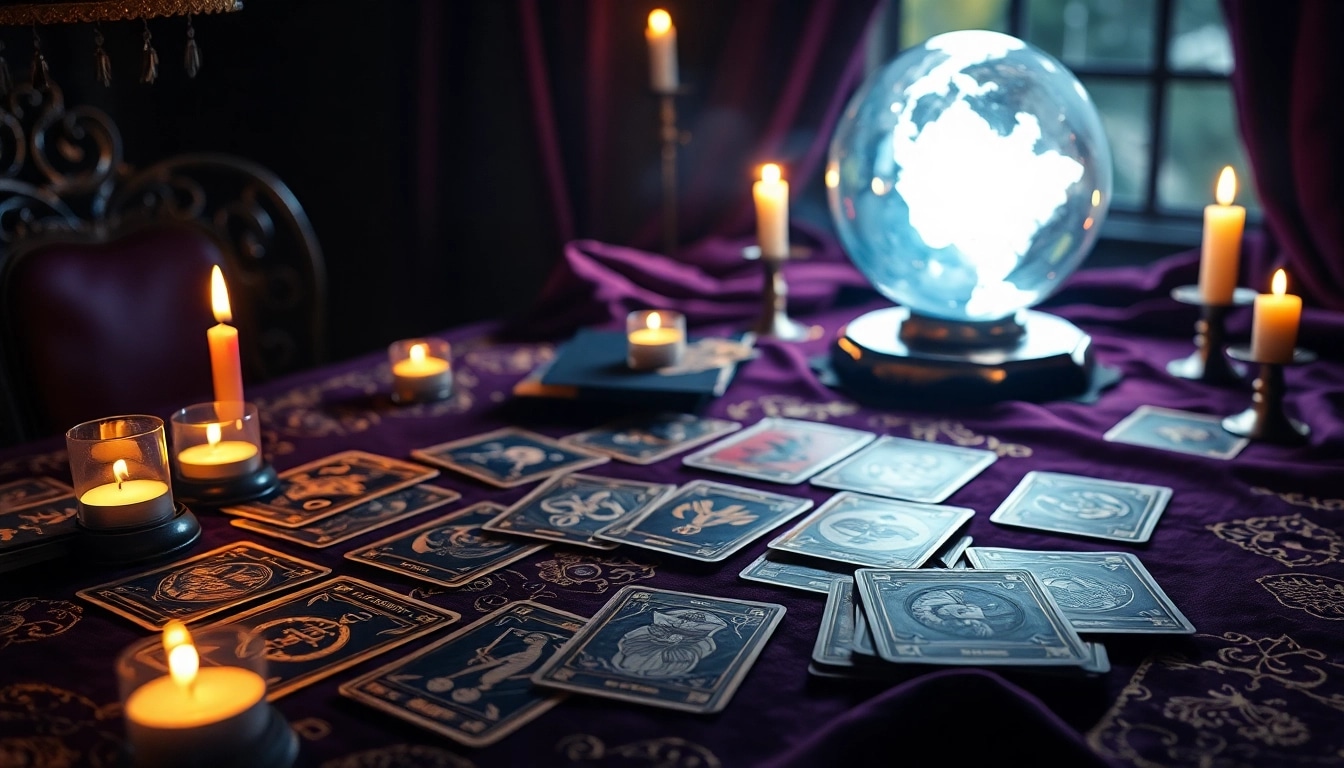 Studieren der tarotkarten bedeutung auf einem geheimnisvollen Tisch mit Kerzenlicht.
