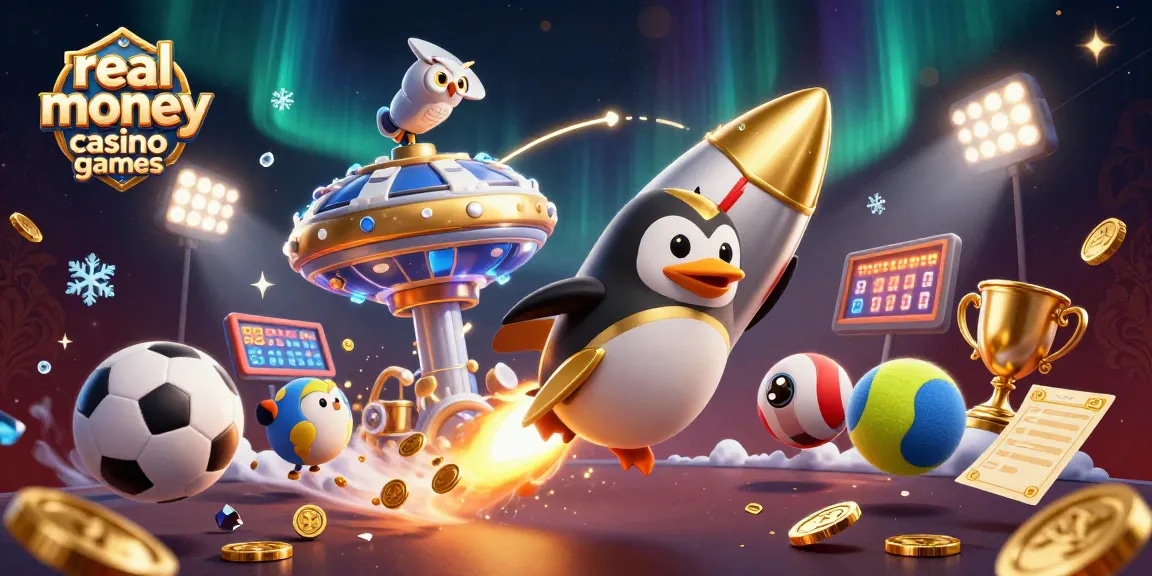 Experience real money casino games with a golden penguin and dynamic sports elements in a vibrant casino cosmos.