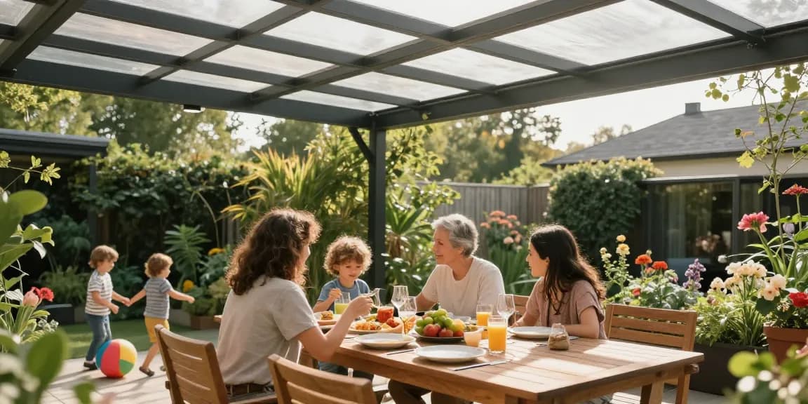 Einladende Terrassenüberdachungen, unter denen eine Familie im Garten speist.