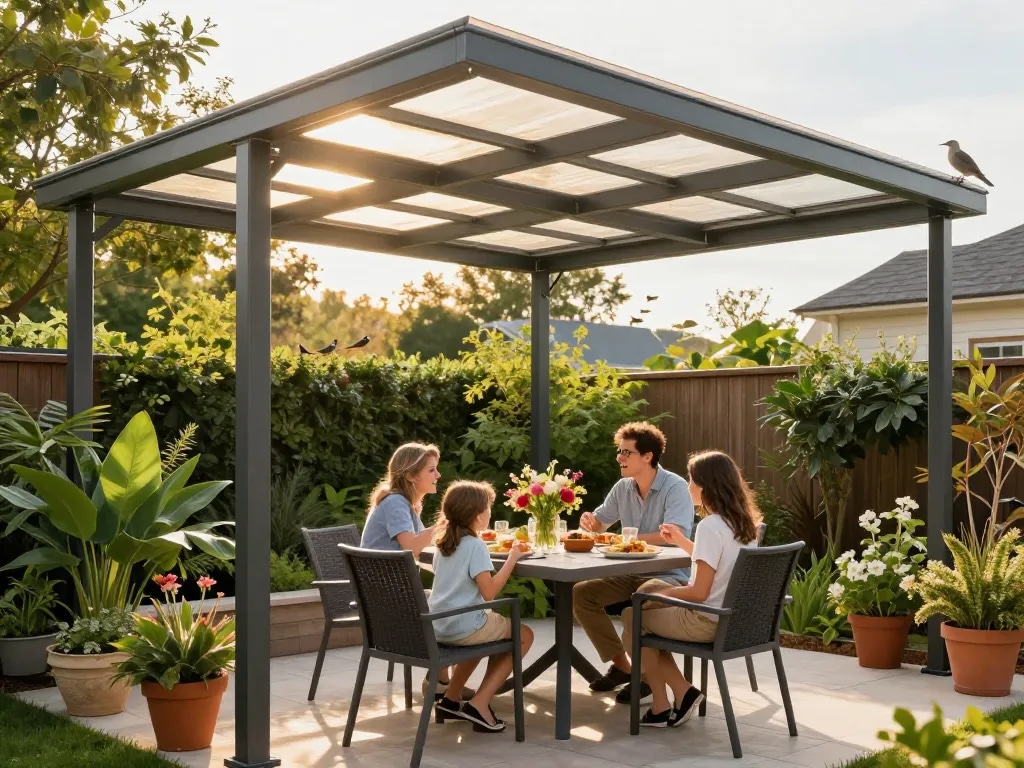 Elegante Terrassenüberdachung, die das Outdoor-Dining-Erlebnis der Familie in einem sonnigen Garten verbessert.