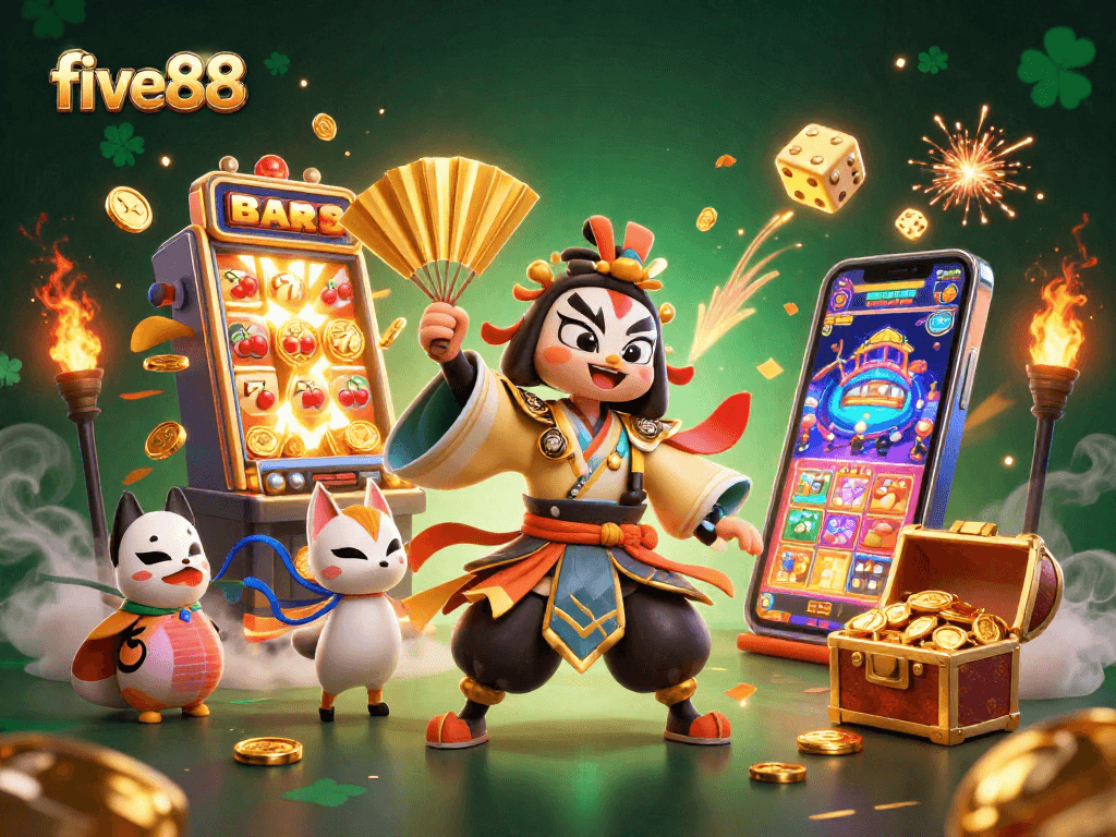 Experience the thrill of five88 with a vibrant casino scene featuring dynamic characters and jackpot excitement.
