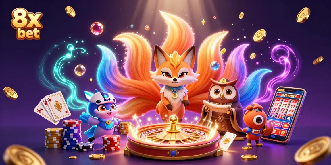 Engage with 8x bet gameplay featuring a mystical fox, owl, and vibrant casino elements.