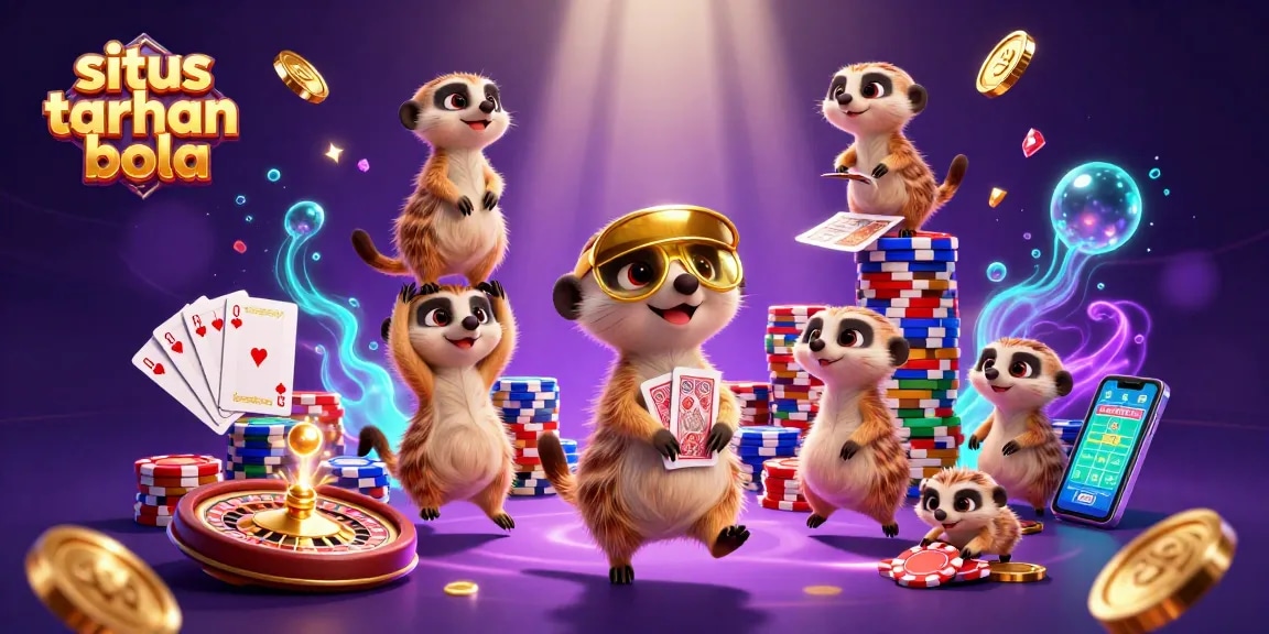 Experience thrilling sports betting at situs taruhan bola with cartoon meerkats handling wagers and coins!