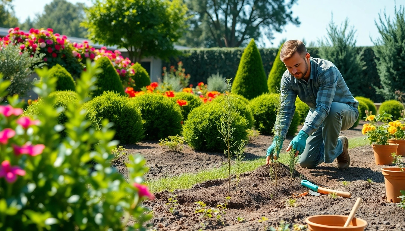Galabauer plant colorful flowers in a bright garden, showcasing professional landscaping skills.