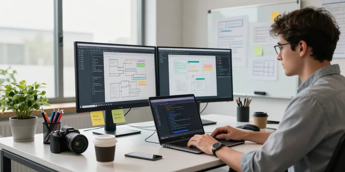 Build internal tools with AI in a modern developer workspace showcasing coding and creative problem-solving.