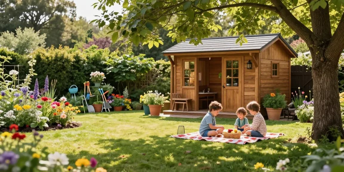 Gartenhäuser in einem einladenden Garten mit blühenden Pflanzen und einer Familie beim Picknick.