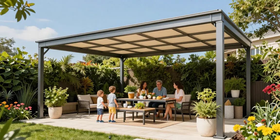 Moderne Terrassenüberdachung aus Aluminium mit Familie im Garten.