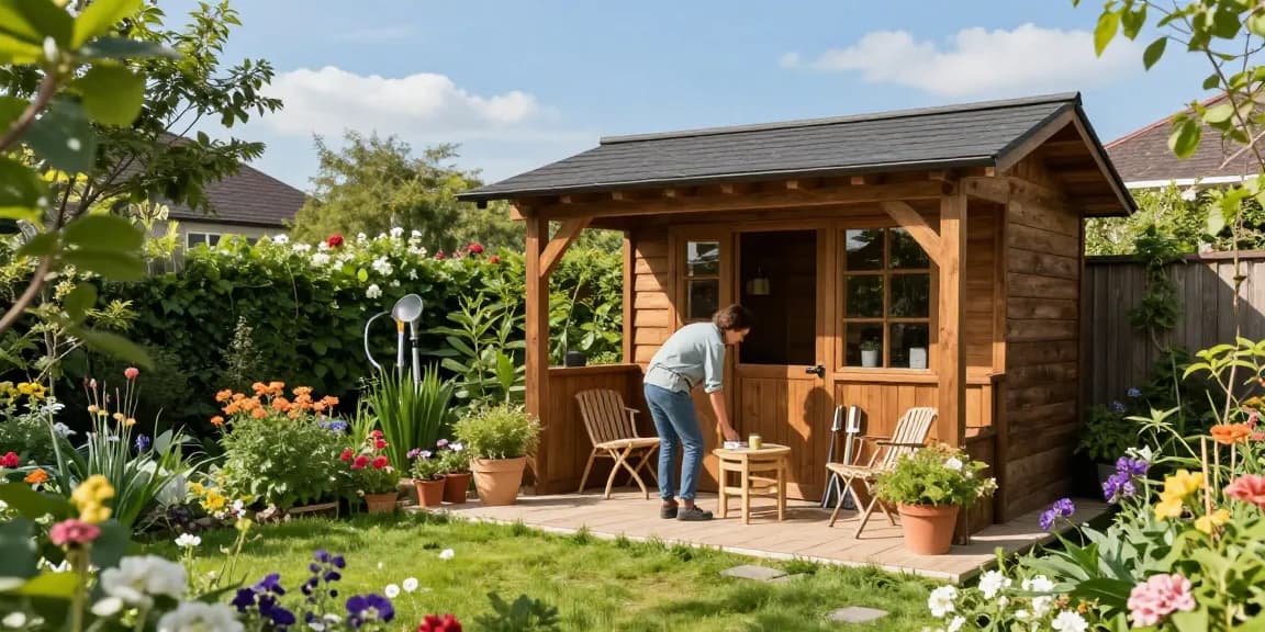 Hochwertiges Gartenhaus in einem blühenden Garten mit Sitzmöbeln und Pflanzen.
