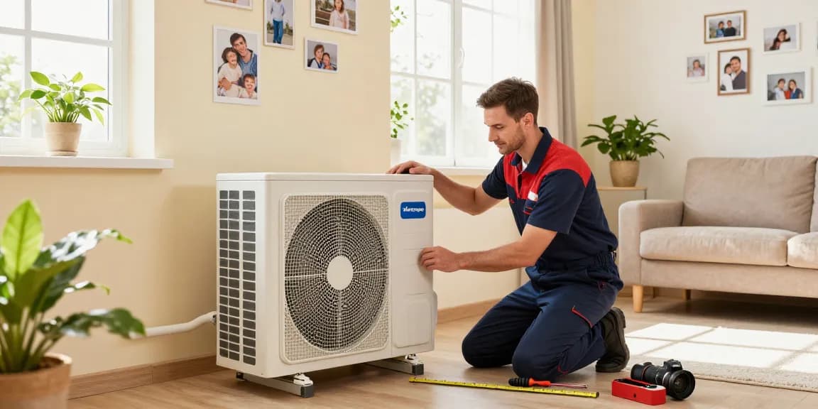 Professional HVAC technician installing a modern wärmepumpe kaufen in a bright living room.