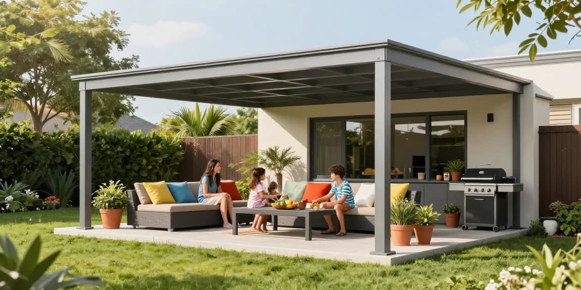 Moderne freistehende Terrassenüberdachung mit Familie im Garten genießen.