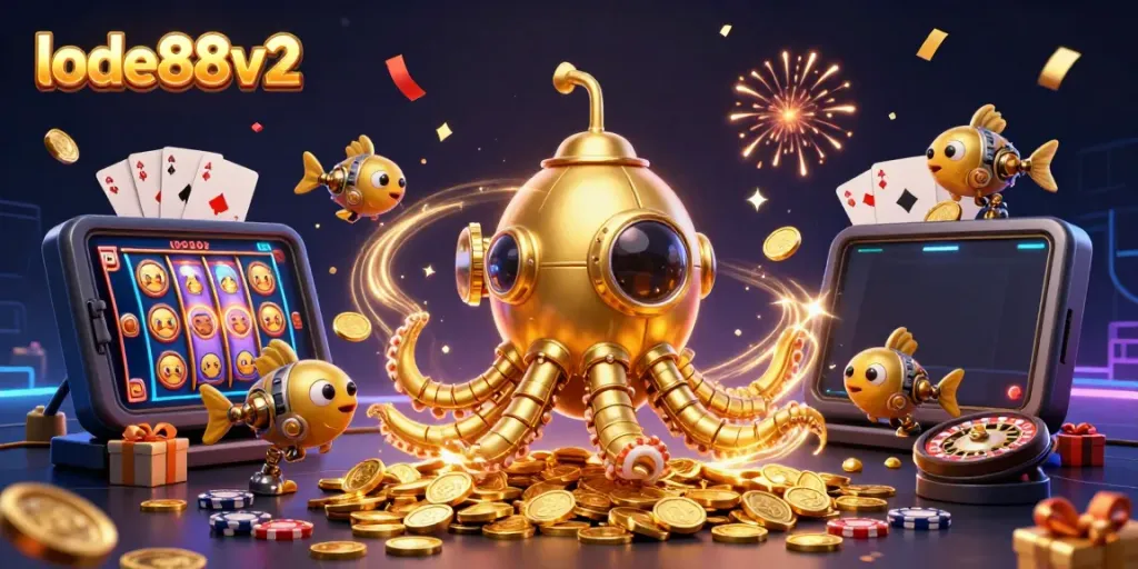 Engage with lode88v2's vibrant, colorful casino world featuring a kraken submarine amidst golden coins.