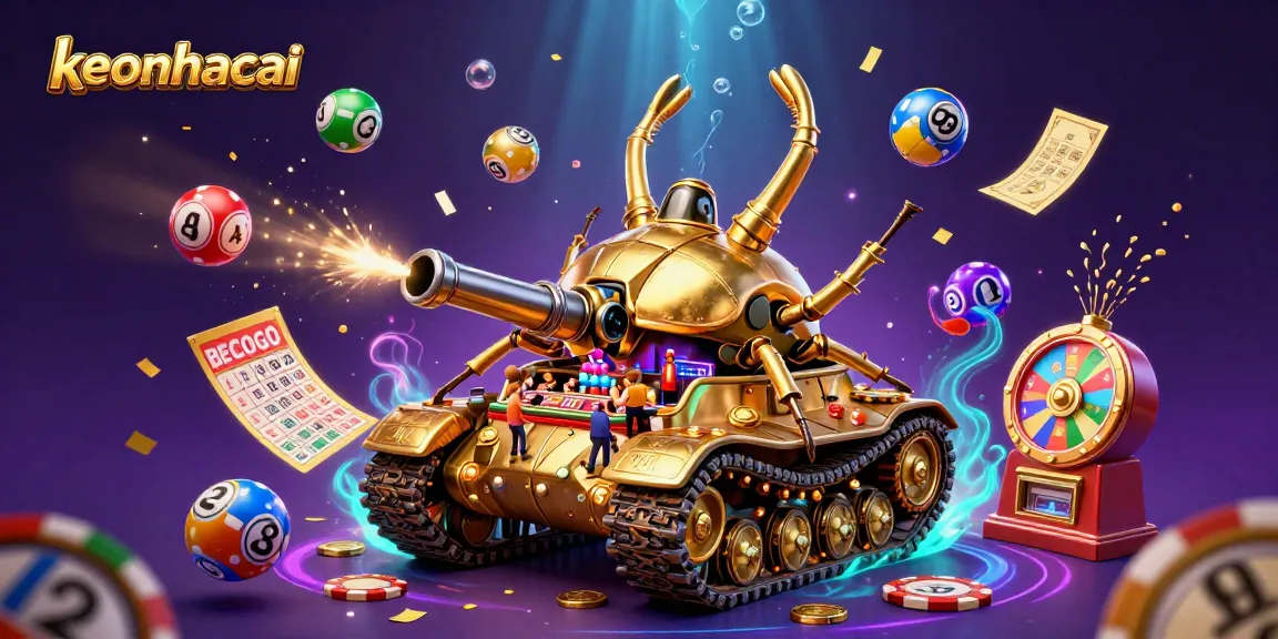 Experience thrilling wins at keonhacai in this vibrant casino-themed fantasy scene filled with lottery balls and confetti.