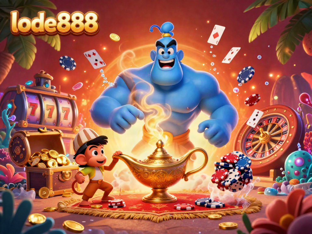 Experience the thrill of lode888 with vibrant casino action featuring a genie, monkey, and flying poker chips.