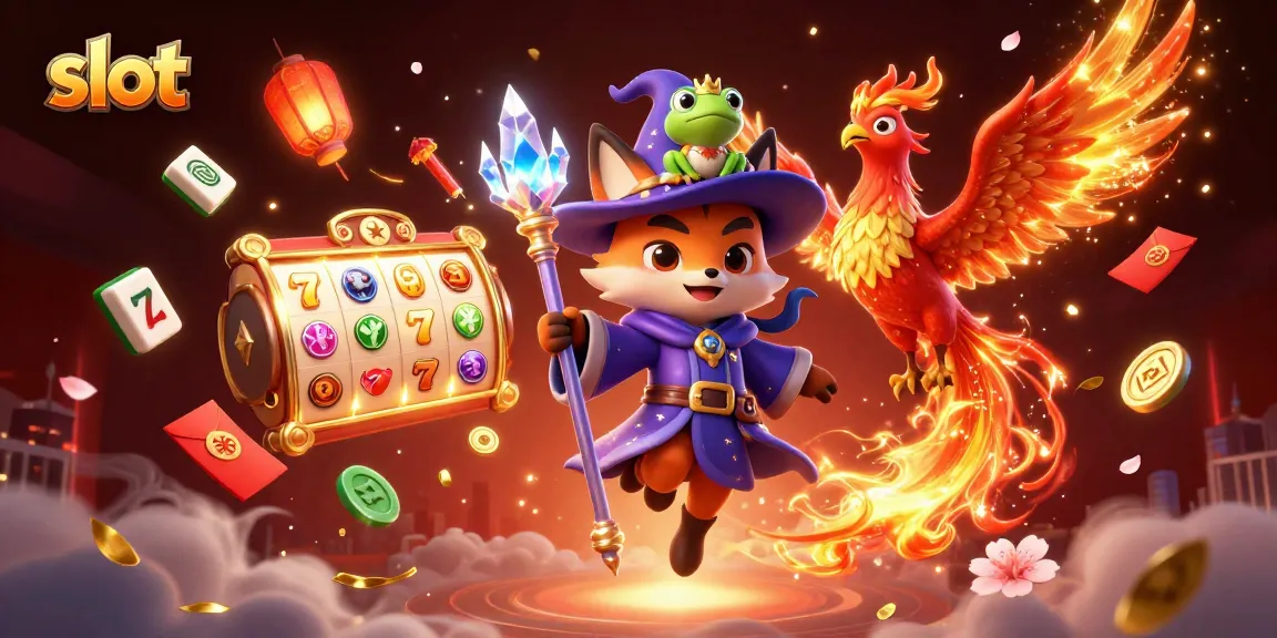 Spin the vibrant slot reels with the mystical wizard fox and phoenix companion in a richly detailed casino scene.