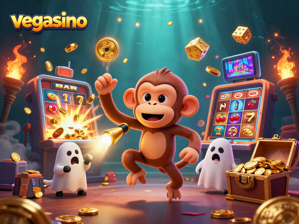 Magical vegasino scene with a mischievous monkey juggling casino items as a puppy tracks it with a flashlight.