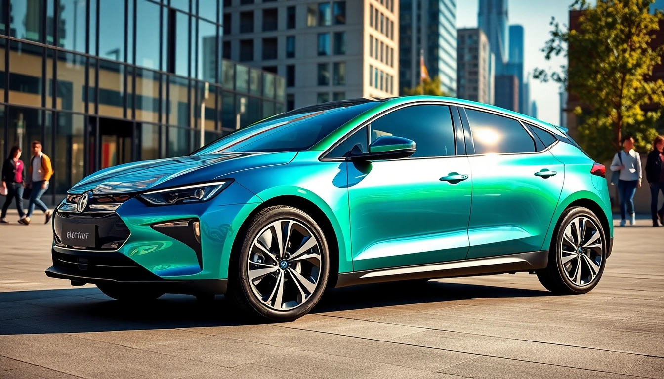 Elektroautos auf der Straße mit urbanem Hintergrund, der moderne Lebensstil und Umweltbewusstsein zeigt.