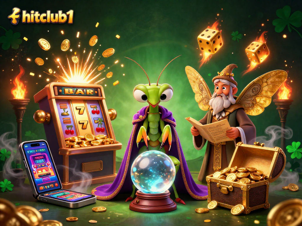 Hitclub1 showcases a vibrant scene with a fortune teller and librarian amidst casino elements.