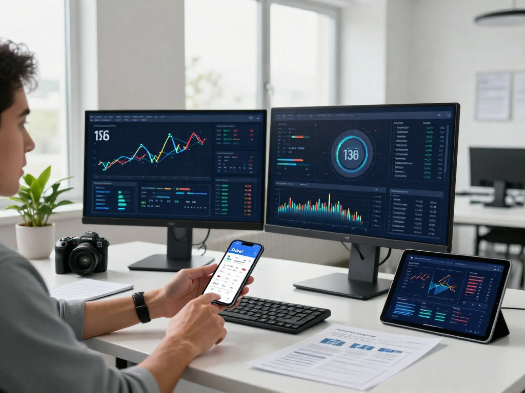 User engaging with the Debet app's financial features in a modern workspace.
