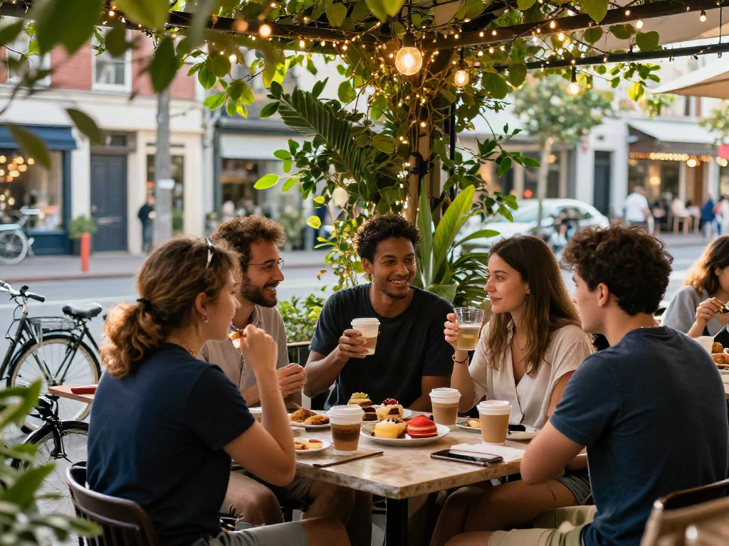 Friends enjoying a relaxing afternoon at the café, discussing rokok88 daftar while savoring treats and drinks in a cozy outdoor setting.