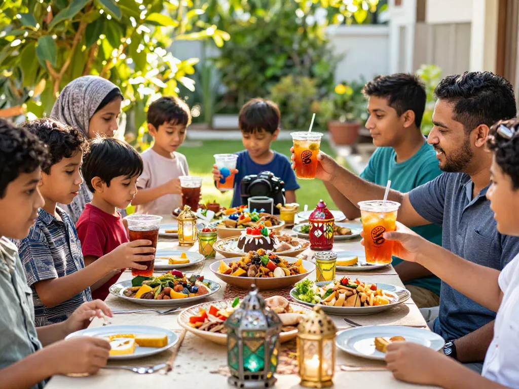 Enjoying drinks with family at a Ramadan gathering, featuring rokok88 link login.