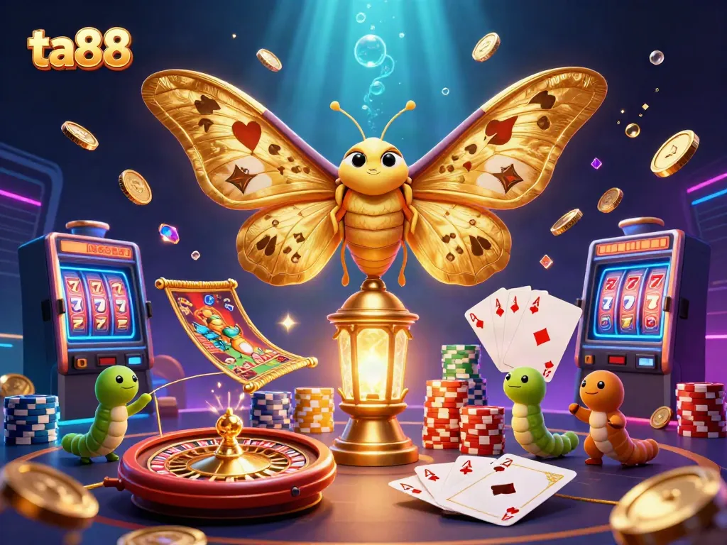 Engage with ta88's vibrant casino scene featuring a golden moth and treasures in a dynamic illustration.