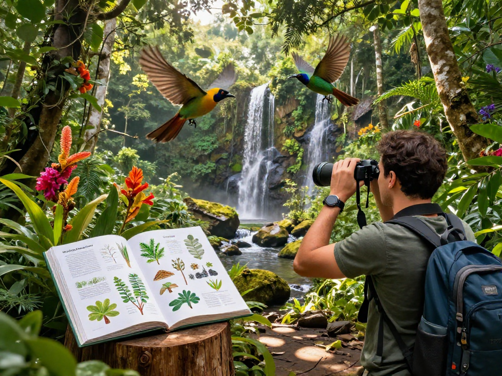 rokok88 login experience in Indonesia's lush rainforest, highlighting rich biodiversity with birdwatching and vibrant flora.