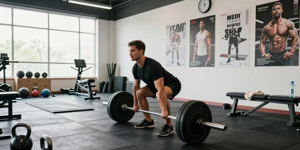 Gewichtheber in Aktion im Fitnessstudio von Medi Pharma Shop, der Engagement für Fitness zeigt.