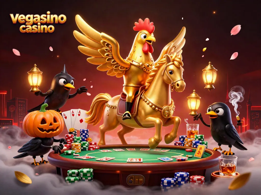 Experience the thrilling vegasino casino atmosphere with a golden rooster and poker elements in action.