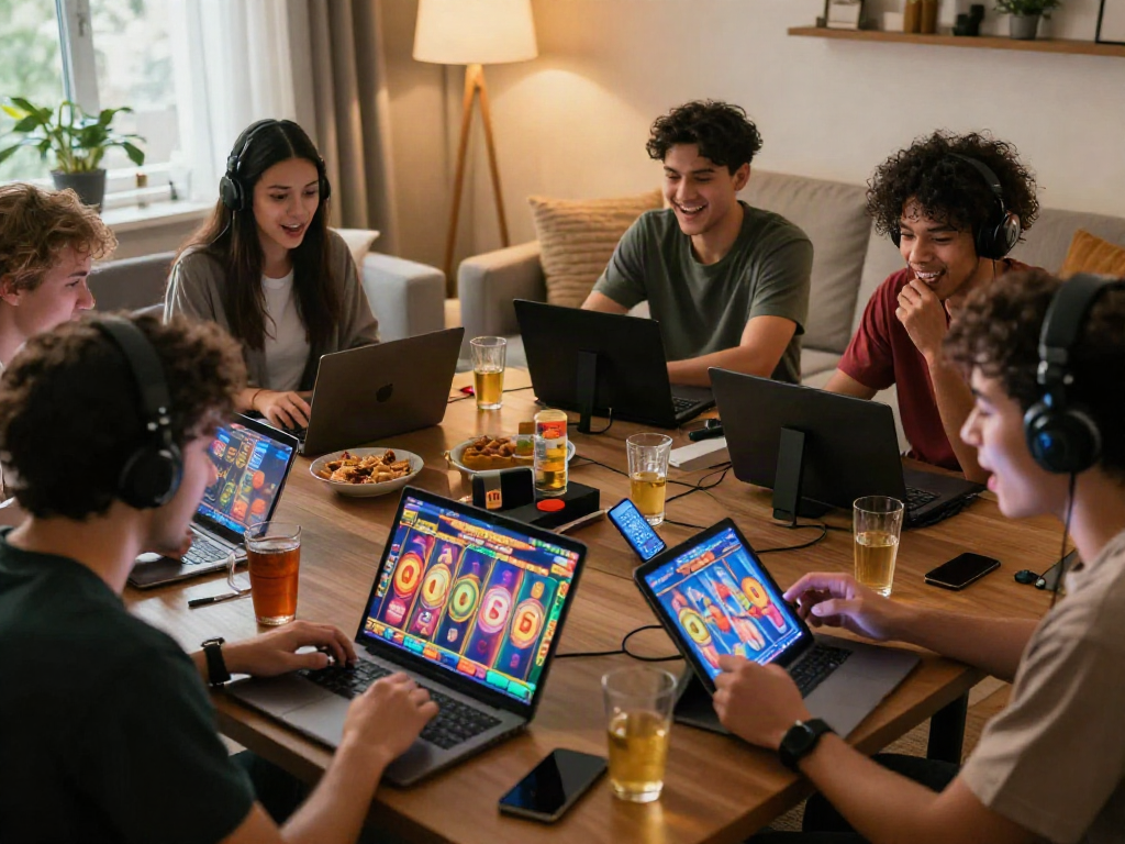 Friends playing rokok88 slot on multiple devices in a cozy living room setting.